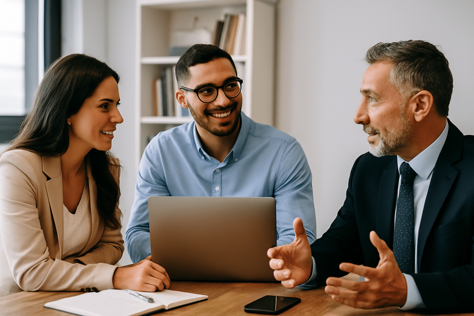Marketing consultants meeting with small business owner to discuss sales funnel optimization